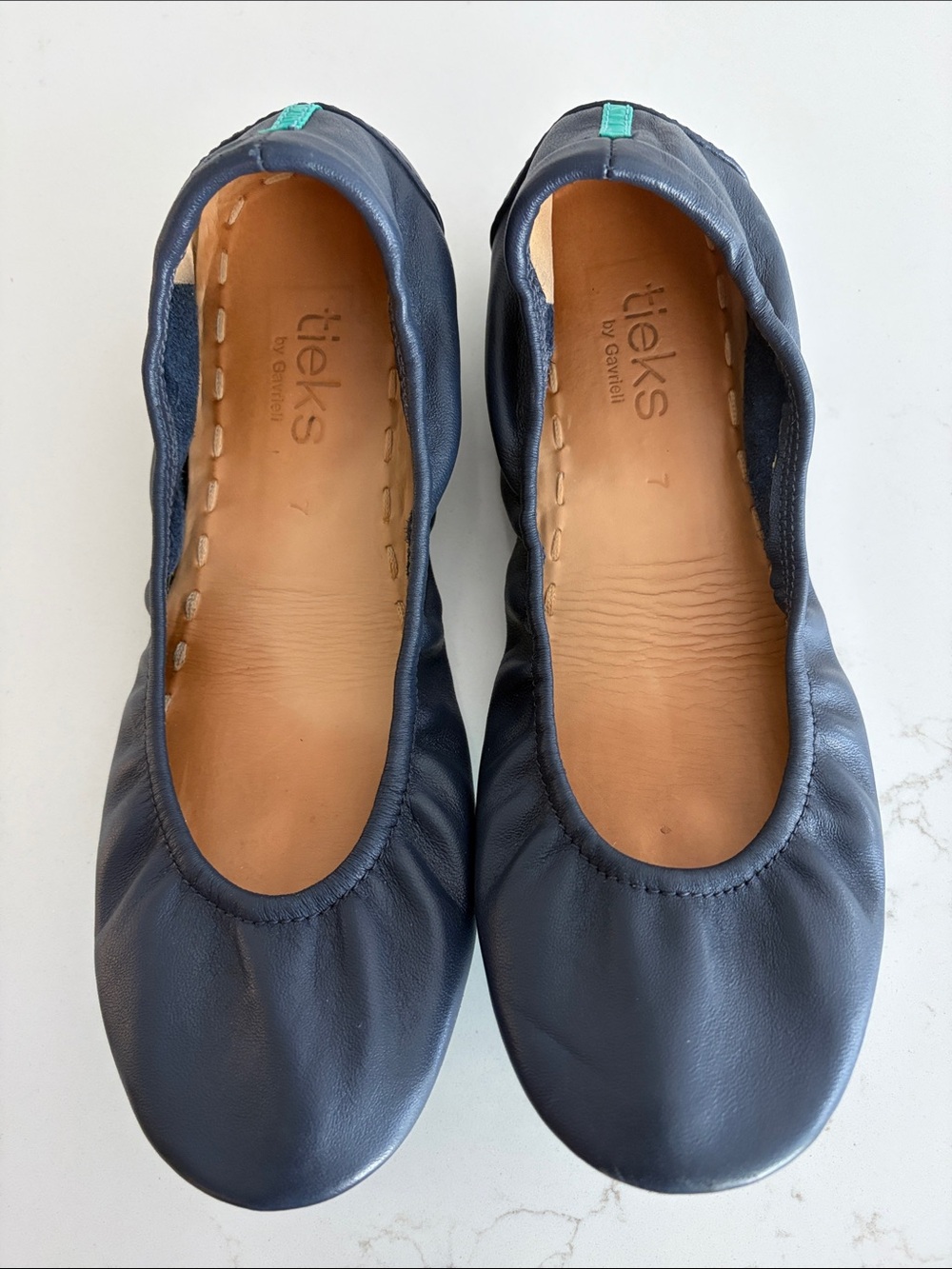 Tieks Navy Leather Ballet Flats with Teal Heel Tab - Picture 2 of 5